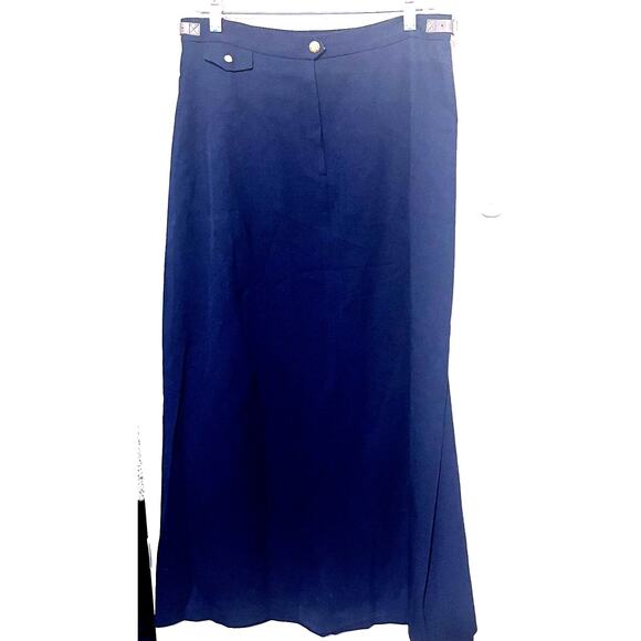Vintage Ralph Lauren Maxi Skirt Wool Leather Buckle Old Money Navy Blue 8 - Picture 1 of 7